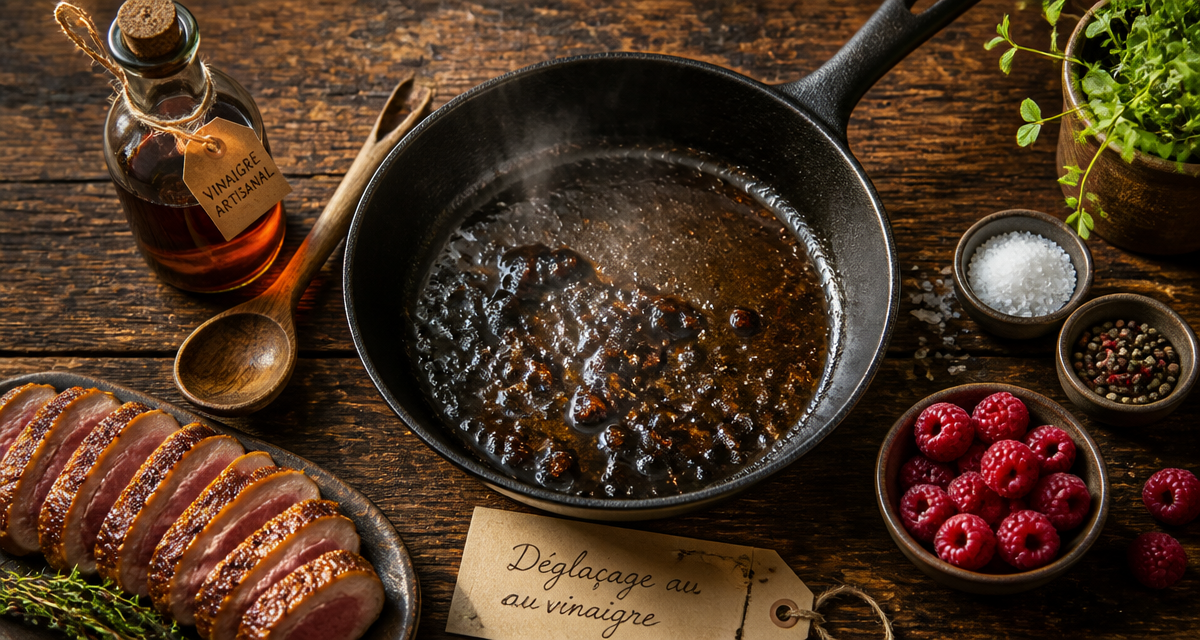 Déglacer au vinaigre dans une poêle ancienne avec sucs