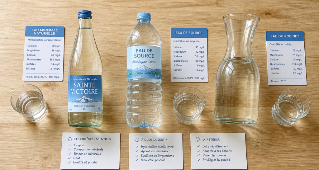 eau minerale ou eau de source sur table