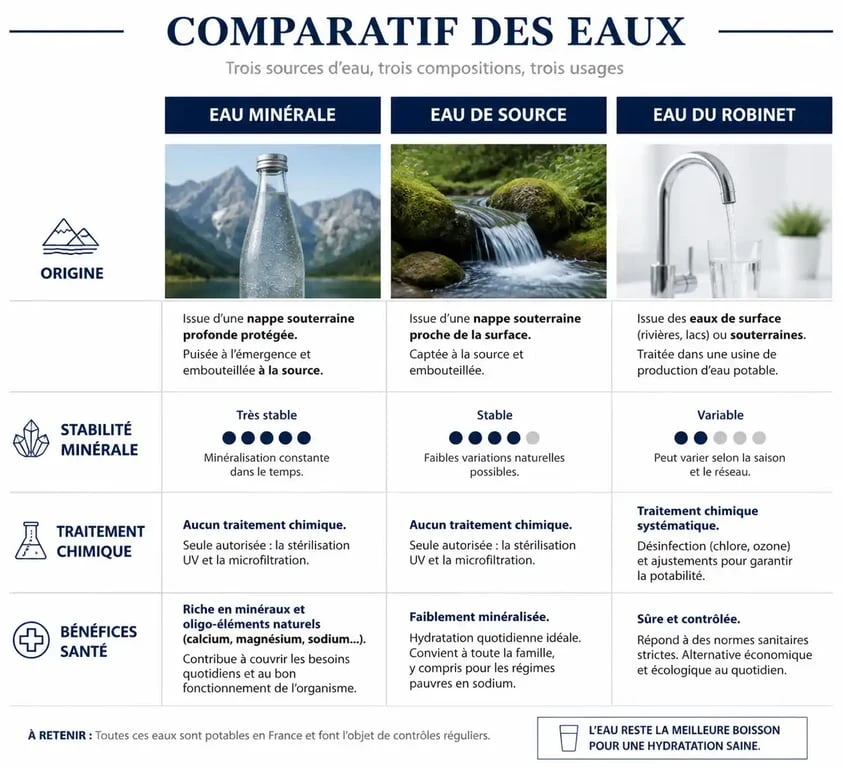Infographie comparative des différences entre eau minérale, eau de source et eau du robinet