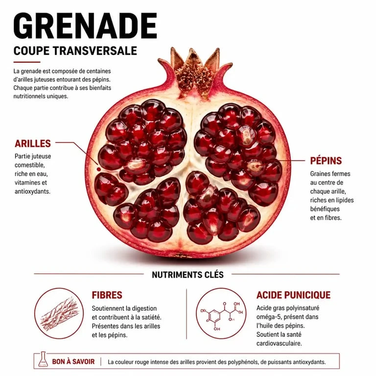 Infographie anatomique et nutritionnelle des pépins de grenade
