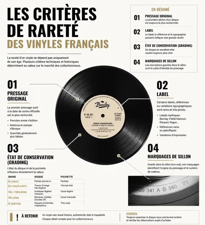 Infographie sur les critères de rareté et d'identification des disques vinyles français les plus recherchés