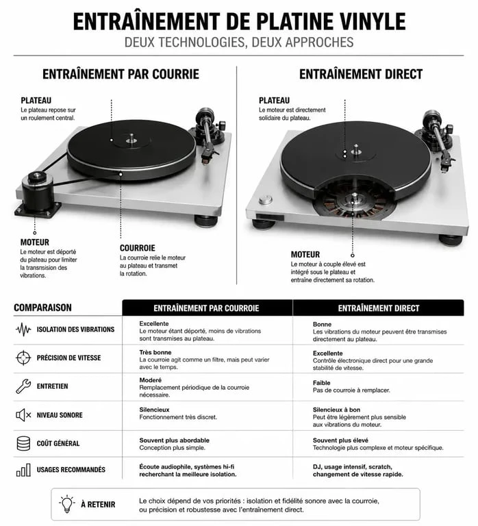 Schéma technique comparatif : entraînement par courroie vs entraînement direct pour choisir la meilleure platine vinyle