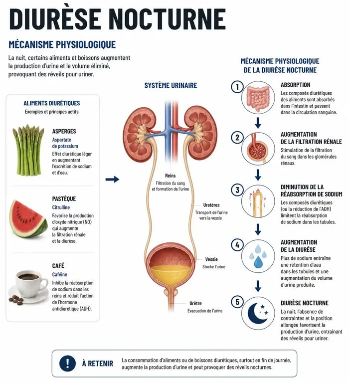 Infographie sur les effets des aliments diurétiques à éviter le soir pour une meilleure santé urinaire