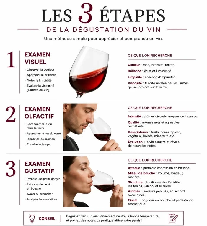 Infographie des trois étapes de la dégustation pour apprendre le vin