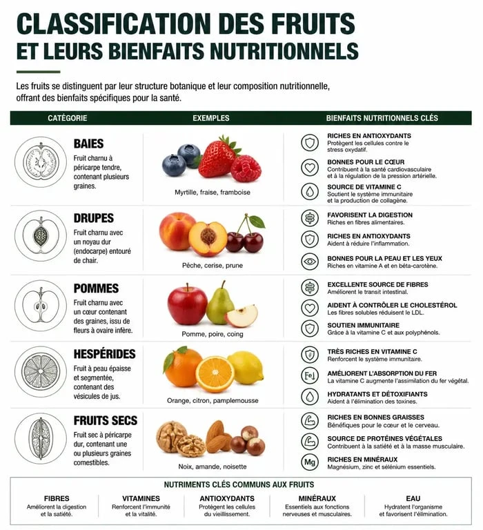 Infographie sur les bienfaits nutritionnels des fruits et leur classification botanique