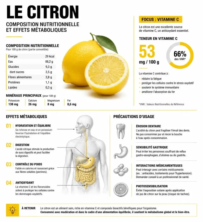 Infographie sur les bienfaits et risques du jus de citron à jeun pour la santé