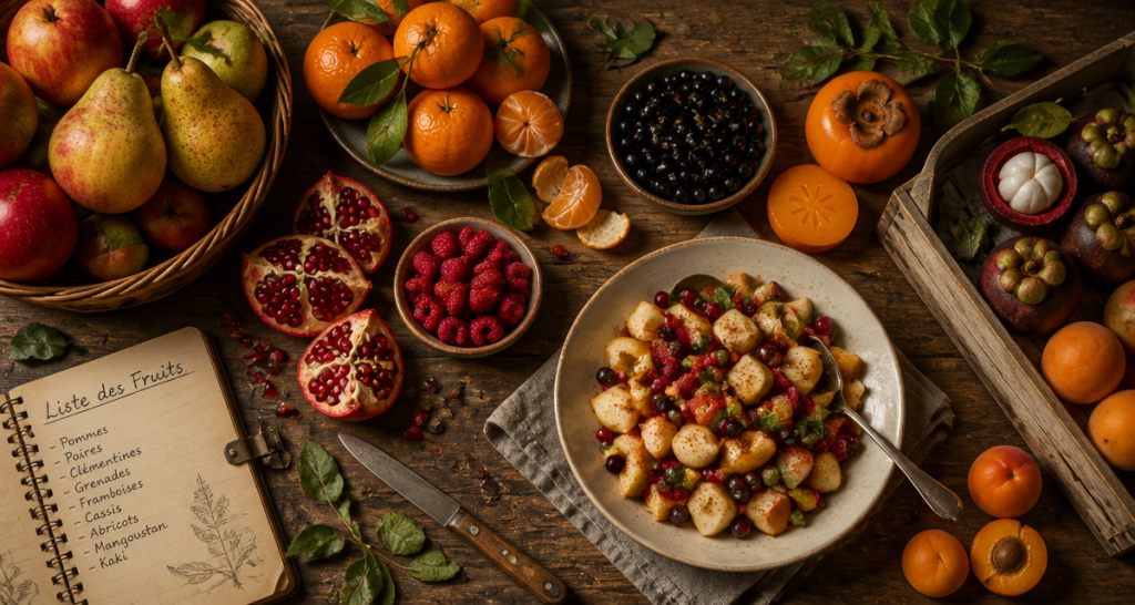liste fruits frais variétés sur table