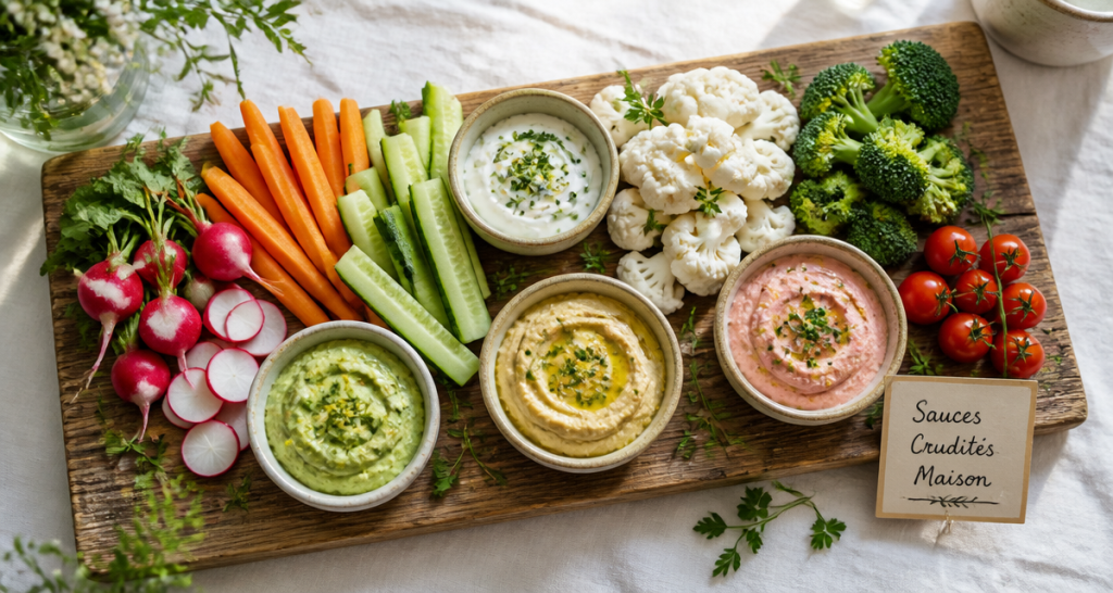 sauce crudité pour apéro avec crudités fraîches et dips