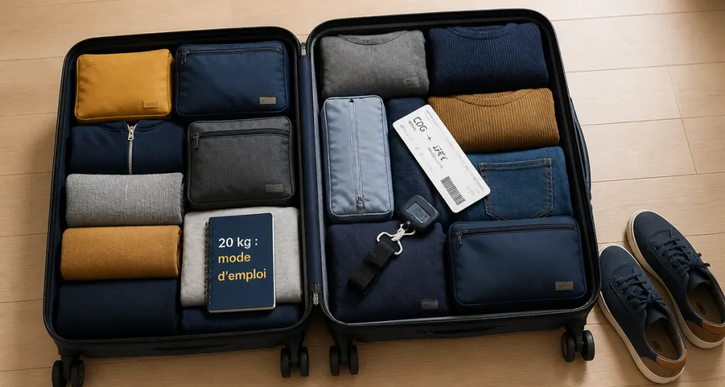 valise 20 kg dimensions ouverte avec vêtements et accessoires
