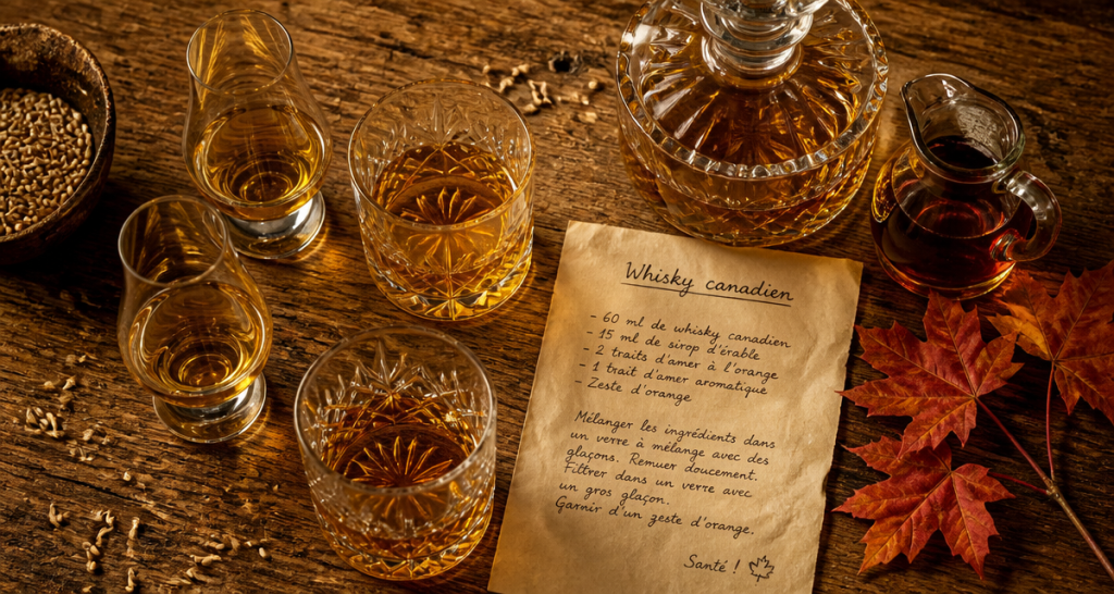 whisky canadien sur table avec seigle et érable