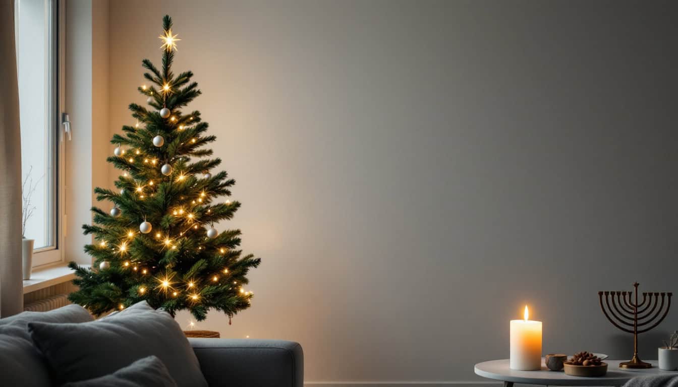 Cozy minimalist holiday scene with a Christmas tree as the main focus and a subtle menorah on a nearby table.