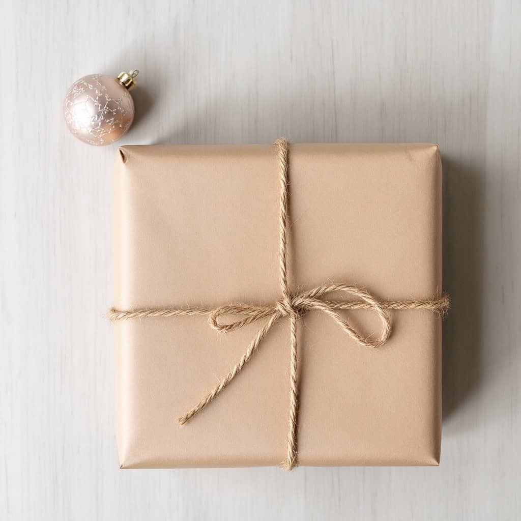 Simple wrapped gift with brown kraft paper, twine, and a small Christmas ornament for a minimalist holiday aesthetic.