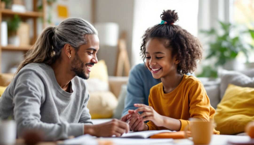father and daughter sharing a moment of connection as they happily work together at the table