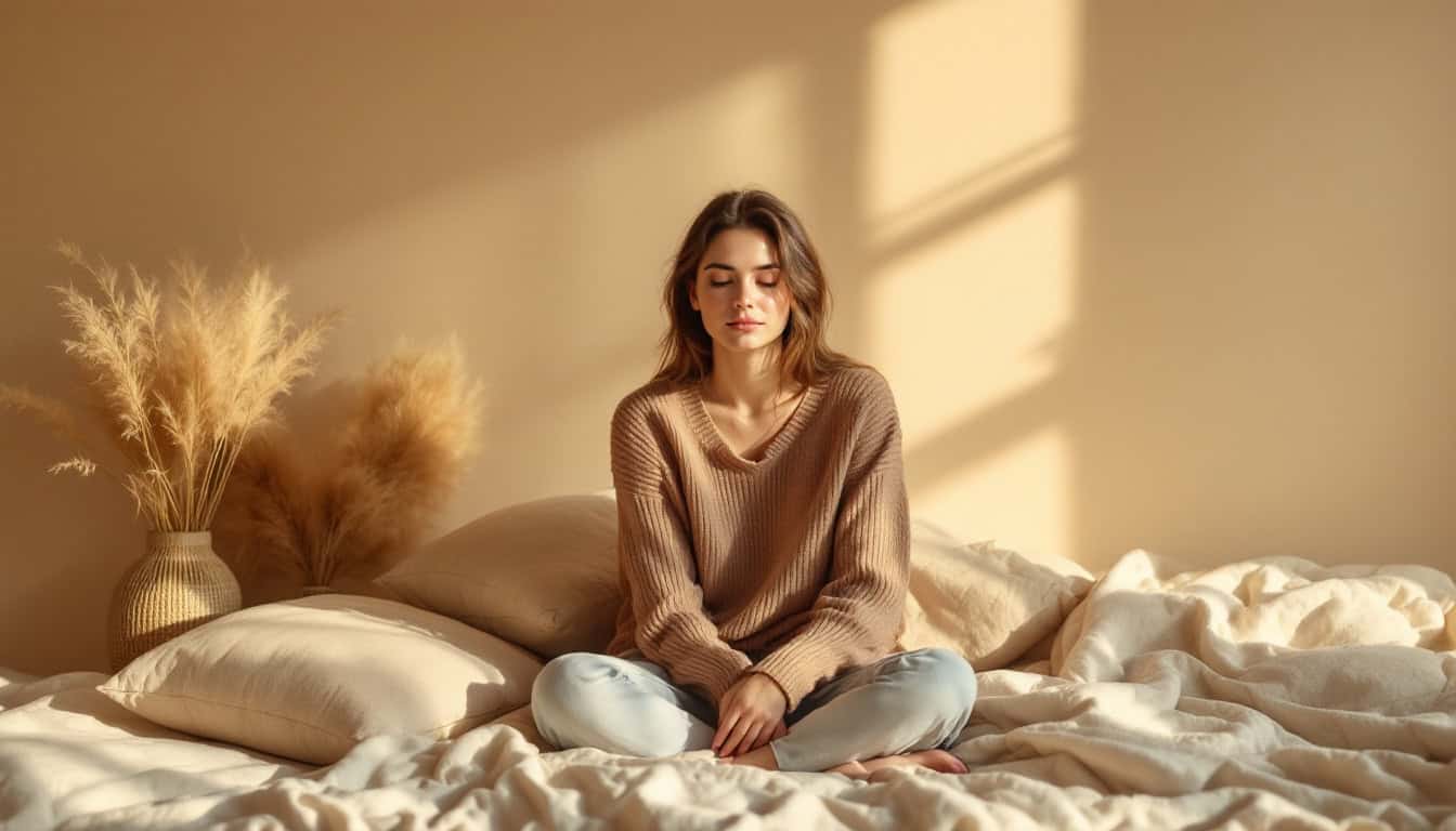 A minimalist image of a calm parent, surrounded by soft neutral tones, symbolizing peaceful parenting and emotional boundaries.