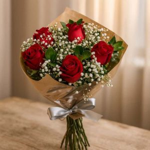 Buque 6 rosas vermelhas com gypso