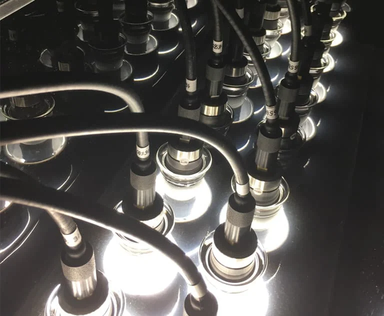 Rows of LED grow lights for cannabis, connected by cables, in reflective pattern.