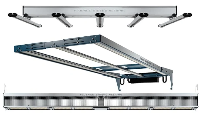 Top, side, and angled views of LED grow lights for commercial cannabis cultivation. Three perspectives of advanced cannabis lighting technology LED fixture. Rectangular LED grow light bars for cannabis cultivation science views.