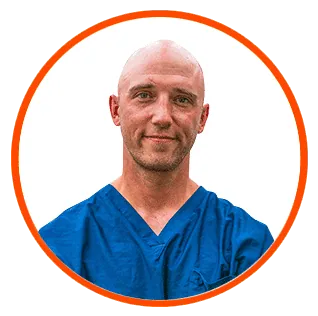 Jay Bouton, Sr. Director, in scrubs; expert in cannabis lighting technology.
