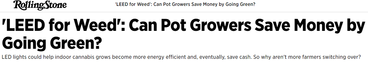 Rolling Stone headline discusses LED grow lights for commercial cannabis cultivation.