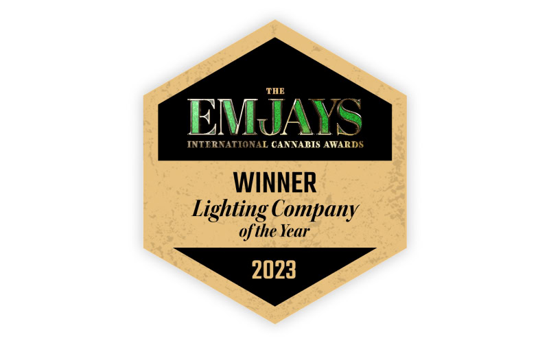 Hexagonal badge: EMJAYS 2023 Lighting Company of the Year for cannabis grow lights.