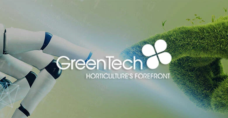 A robotic hand and leafy hand reach for GreenTech logo, with cannabis LED grow lights.