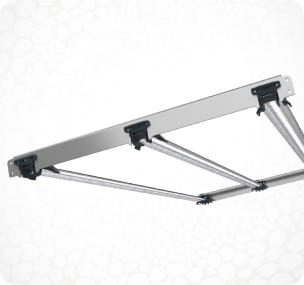 Ceiling rack with four arms mounting LED grow lights for commercial cannabis cultivation.