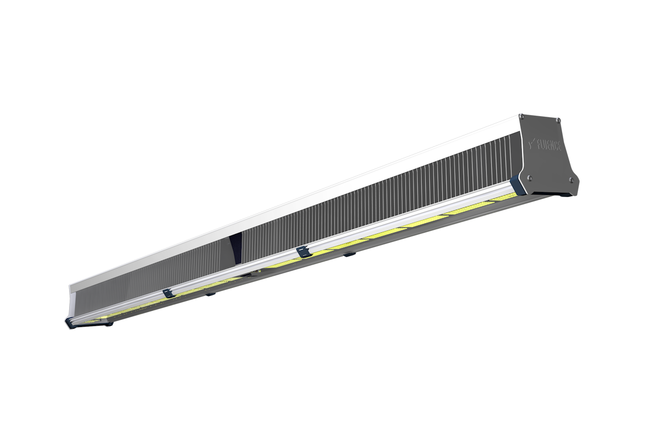 Sleek VYPR 4 LED grow light for commercial cannabis cultivation, low angle view.