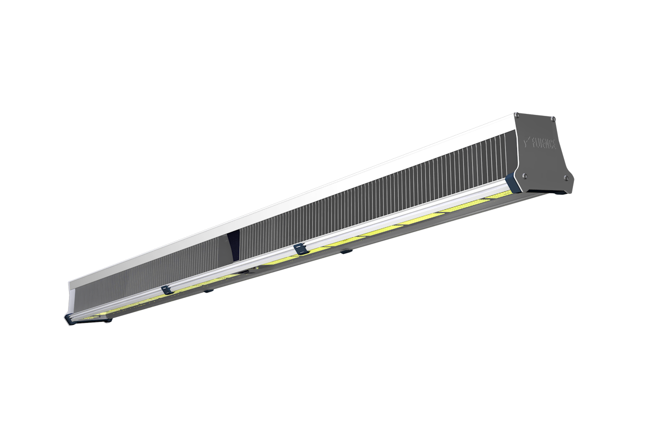 Sleek VYPR 4 LED grow light for commercial cannabis cultivation, low angle view.