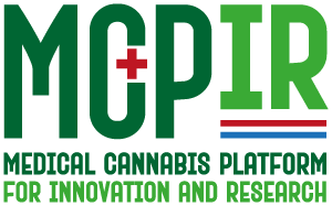 MCPIR logo with green text, red plus, symbolizing cannabis lighting innovation.