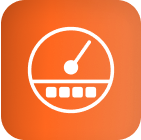White speedometer icon, LED grow lights for cannabis, orange gradient background.