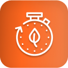 White outline stopwatch with leaf, symbolizing cannabis lighting technology, on orange.