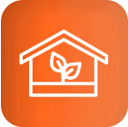 White outline of greenhouse with cannabis plant, orange background, LED grow lights.