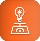White line art lightbulb with cannabis leaf, gauge on orange—cannabis lighting tech.