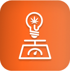 White line art lightbulb with cannabis leaf, gauge on orange—cannabis lighting tech.