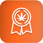 White ribbon award with cannabis leaf, symbolizing cannabis lighting technology.