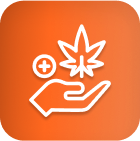 White hand outline holding cannabis leaf with plus sign; cannabis lighting icon.