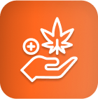 White hand outline holding cannabis leaf with plus sign; cannabis lighting icon.