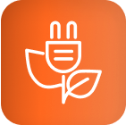 White outline plug and leaves on orange, symbolizing eco LED grow lights for cannabis.