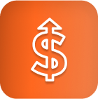 A white dollar sign and upward arrow on orange, symbolizing LED grow lights profit.