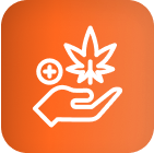White outline of hand with cannabis leaf and plus, symbolizing cannabis LED grow lights.