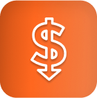 White dollar sign and downward arrow on orange, symbolizing lower LED grow light costs.