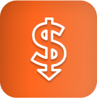 White dollar sign and downward arrow on orange, symbolizing lower LED grow light costs.