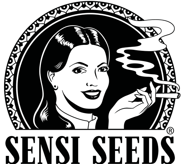 Black and white woman with cigarette, Sensi Seeds logo, cannabis lighting tech.