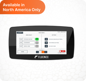 SHYFT Light Scheduler panel for cannabis lighting tech, Fluence logo, "Available in North America Only" noted.