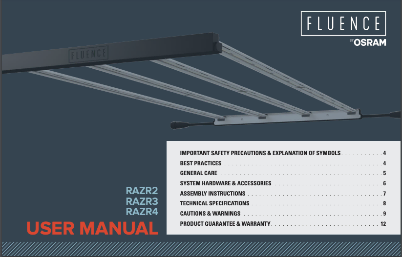 User guide cover for Fluence Osram commercial LED grow lights for cannabis.