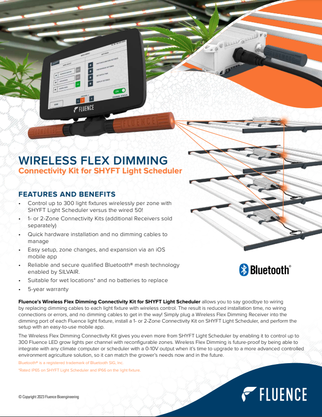 Product sheet for SHYFT’s cannabis LED grow light control and sensing kit.