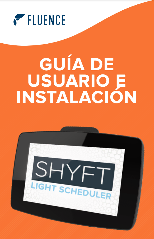 Orange cover, Fluence logo, cannabis lighting user manual with SHYFT device.