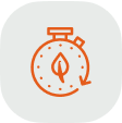 Orange stopwatch with leaf and arrow, symbolizing cannabis LED grow lights efficiency.