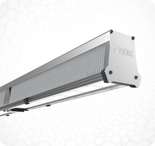 Rectangular LED grow light for commercial cannabis cultivation, metallic finish.