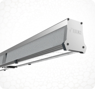 Rectangular LED grow light for commercial cannabis cultivation, metallic finish.